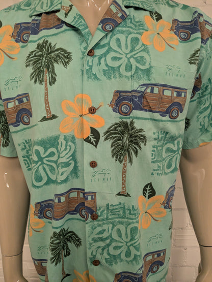 New Port Blue Hawaii overhemd korte mouw. Groen Geel Bruine auto print. Maat XL.