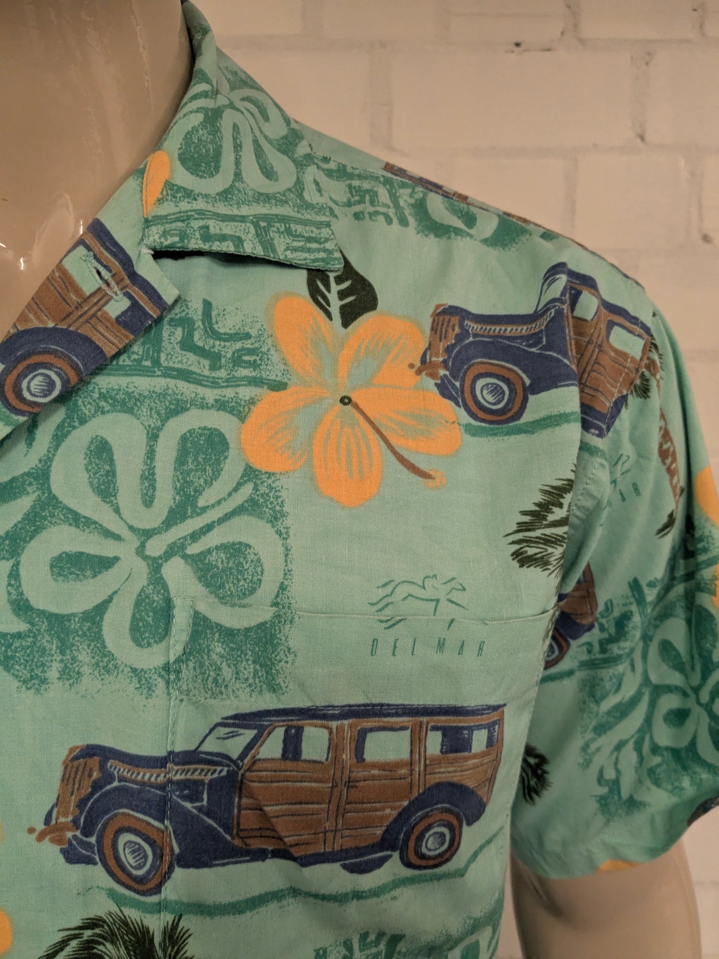 New Port Blue Hawaii overhemd korte mouw. Groen Geel Bruine auto print. Maat XL.