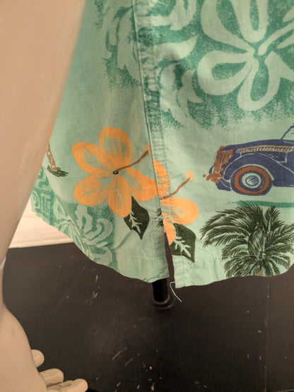 New Port Blue Hawaii overhemd korte mouw. Groen Geel Bruine auto print. Maat XL.