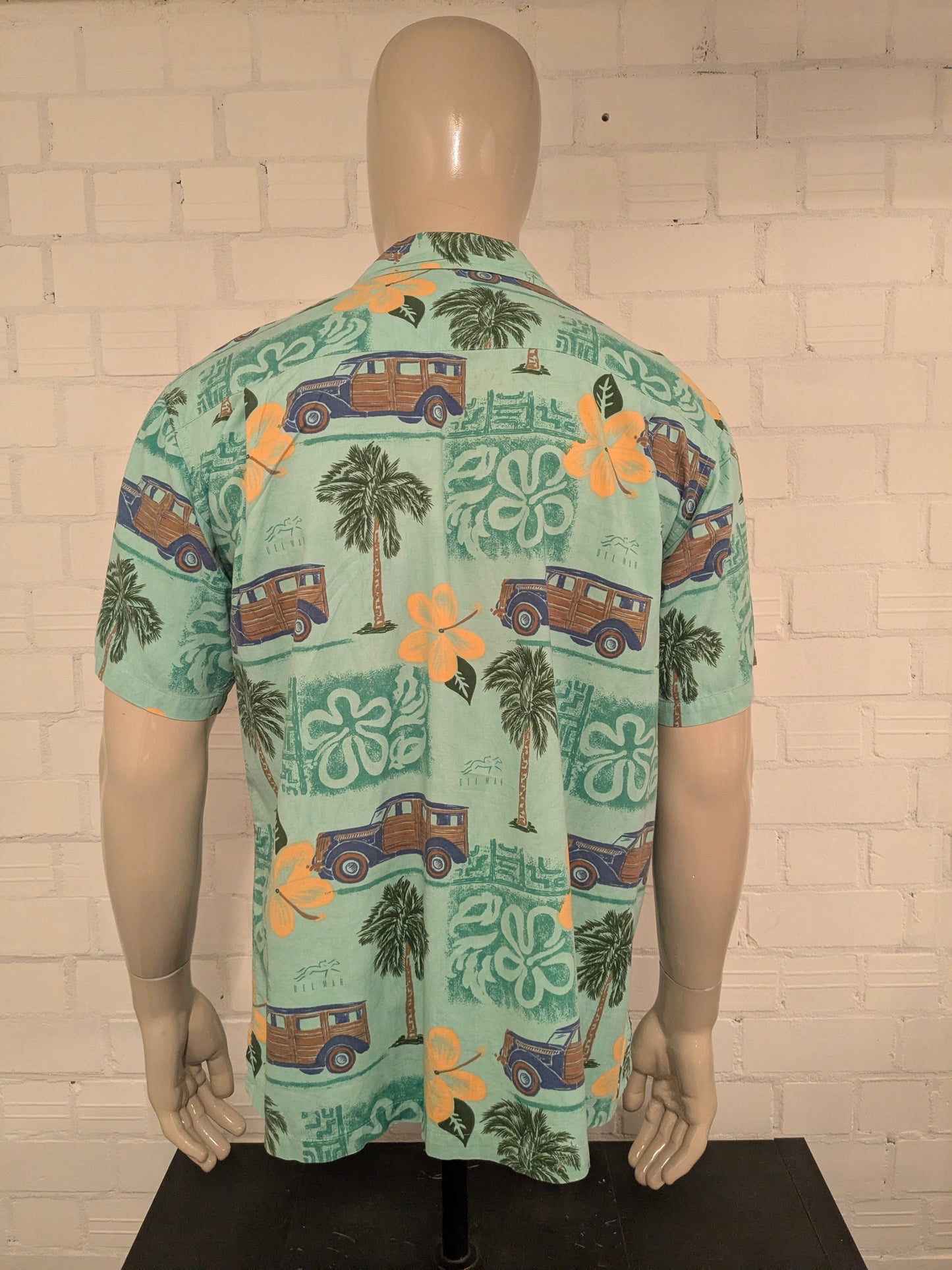 New Port Blue Hawaii overhemd korte mouw. Groen Geel Bruine auto print. Maat XL.