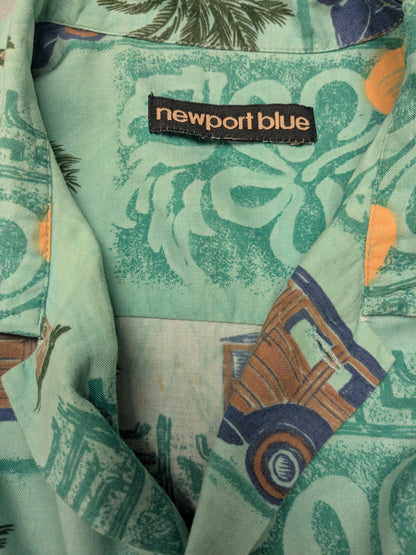 New Port Blue Hawaii overhemd korte mouw. Groen Geel Bruine auto print. Maat XL.