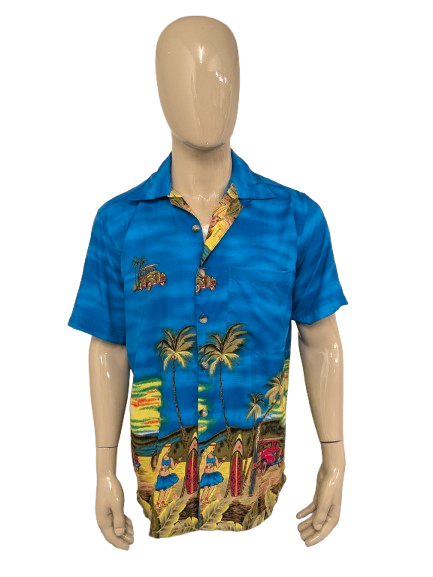 YMLA Resort Wear Hawaii overhemd korte mouw. Blauw met gekleurde print. Maat L.