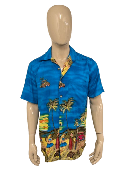 YMLA Resort Wear Hawaii overhemd korte mouw. Blauw met gekleurde print. Maat L.