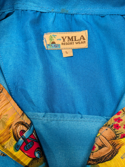 YMLA Resort Wear Hawaii overhemd korte mouw. Blauw met gekleurde print. Maat L.