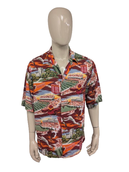Vintage Origineel Reyn Sports Viginia Tech Hokkis overhemd korte mouw. Oranje Roos Paarse sport print. Maat 2XL / XXL.