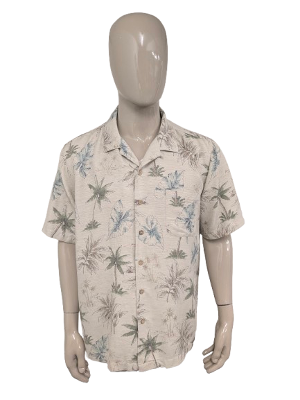 Batik Bay Zijden Hawaii overhemd korte mouw. Beige Groen Blauwe print. Maat XL.