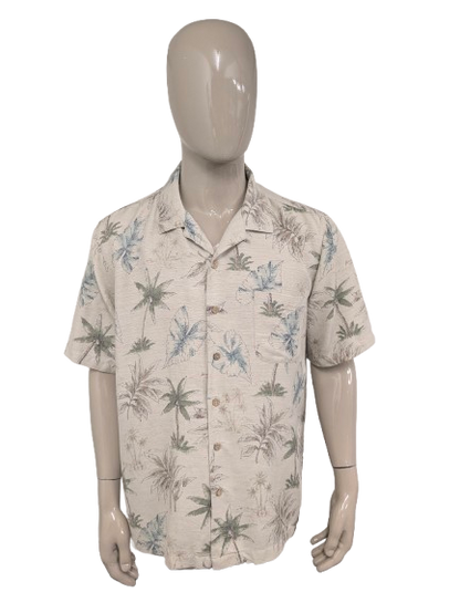 Batik Bay Zijden Hawaii overhemd korte mouw. Beige Groen Blauwe print. Maat XL.
