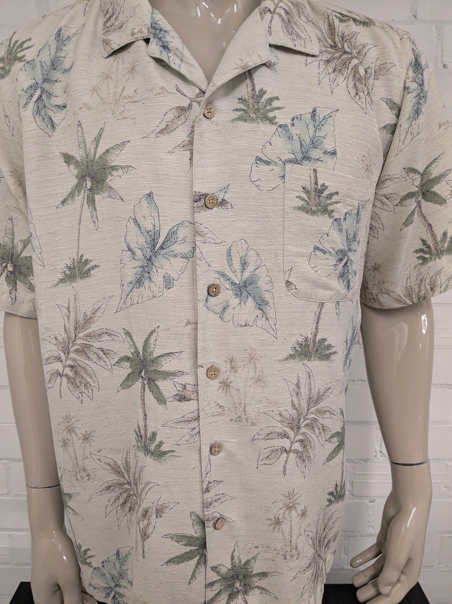 Batik Bay Zijden Hawaii overhemd korte mouw. Beige Groen Blauwe print. Maat XL.