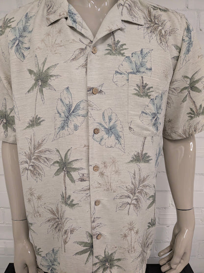 Batik Bay Zijden Hawaii overhemd korte mouw. Beige Groen Blauwe print. Maat XL.