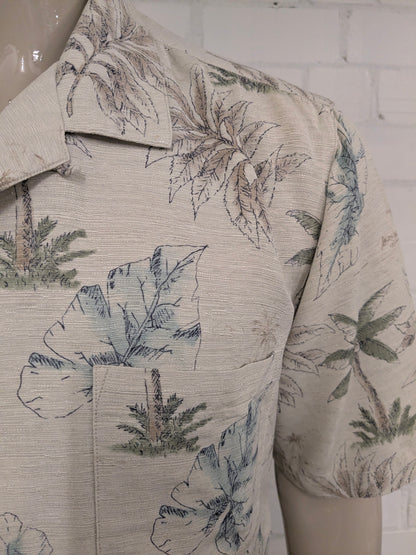 Batik Bay Zijden Hawaii overhemd korte mouw. Beige Groen Blauwe print. Maat XL.