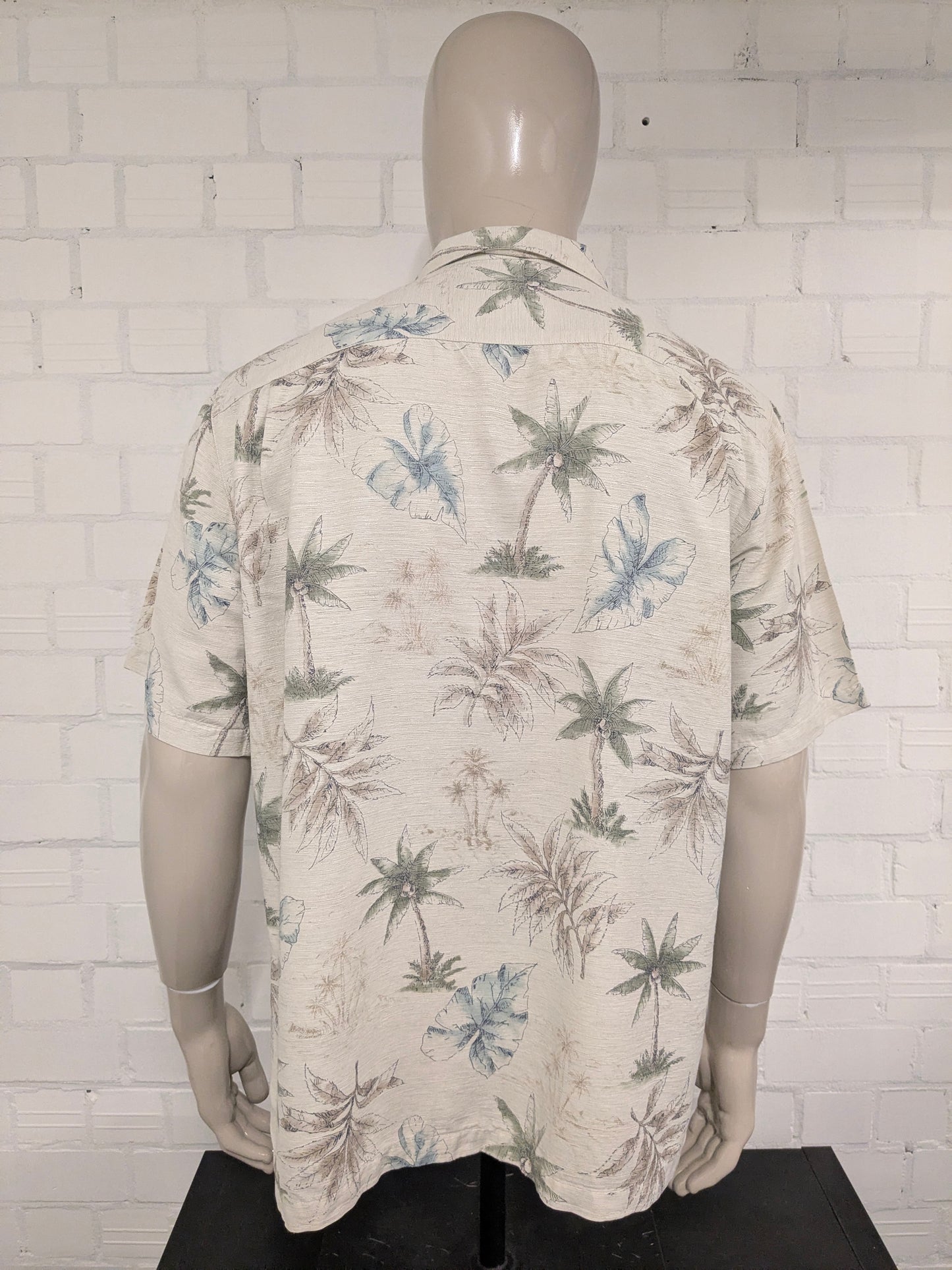 Batik Bay Zijden Hawaii overhemd korte mouw. Beige Groen Blauwe print. Maat XL.