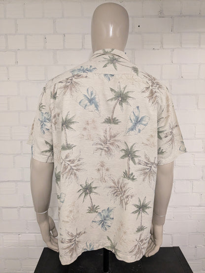Batik Bay Zijden Hawaii overhemd korte mouw. Beige Groen Blauwe print. Maat XL.