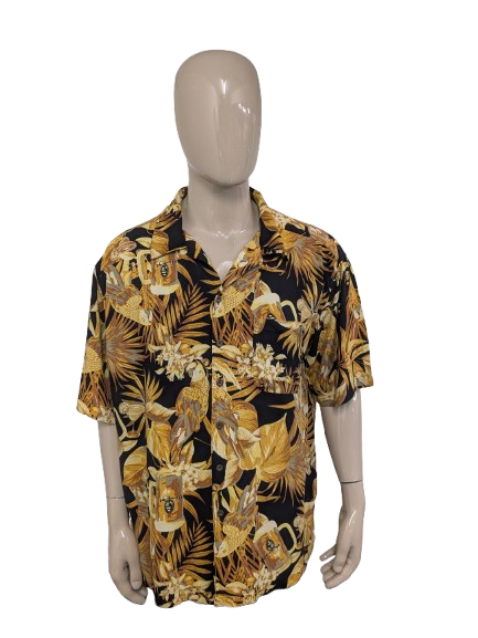 Panama Jack Hawaii overhemd korte mouw. Zwart Gele print. Maat 3XL / XXL.