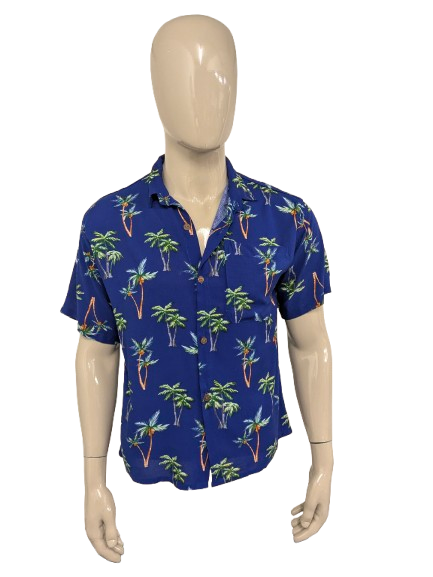 Hawaii-overhemd korte mouw – blauw/groen/bruin palmbomenprint – maat M