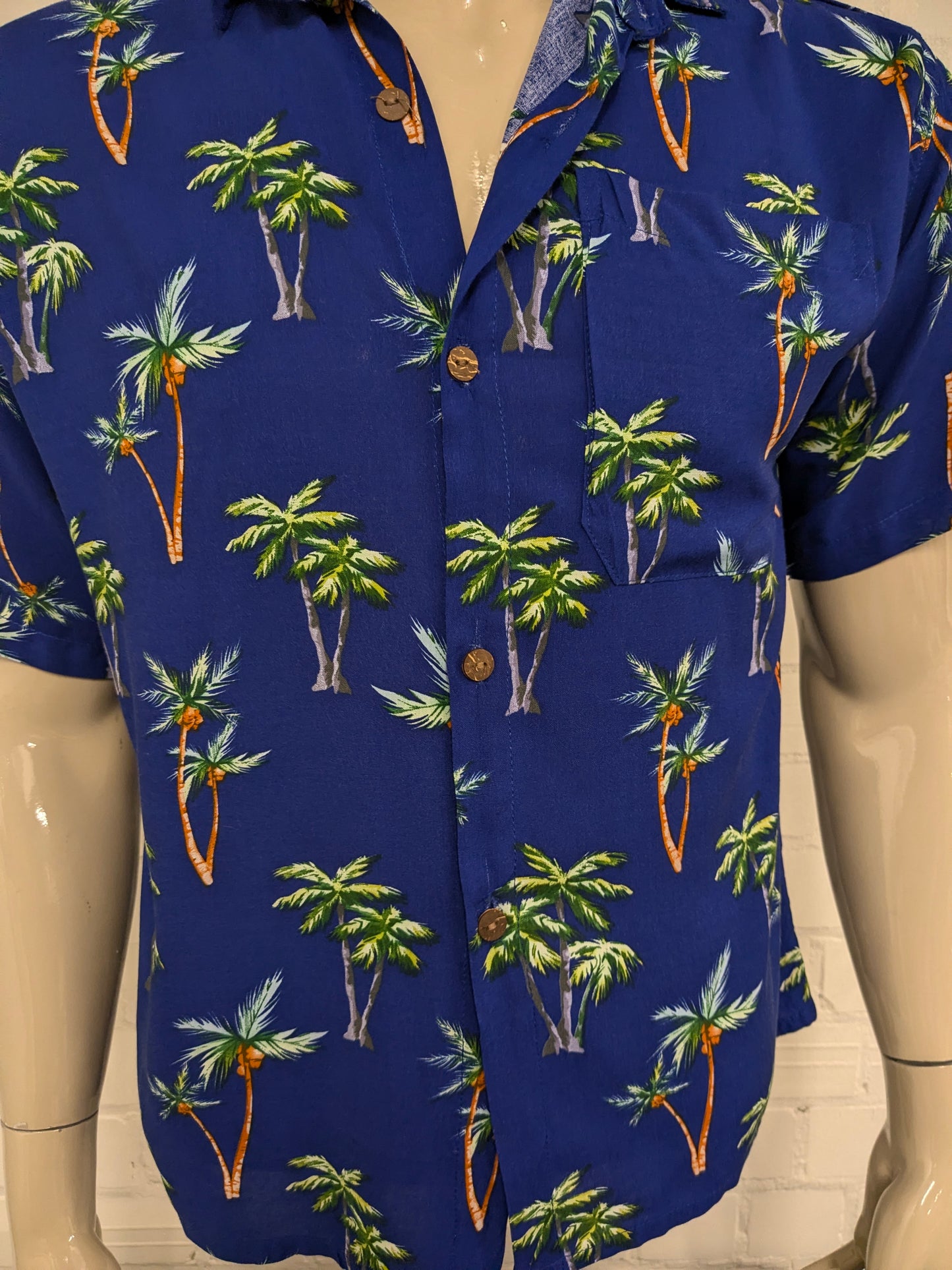 Hawaii overhemd korte mouw. Blauw Groen Bruine Palmbomen print. Maat M. #804