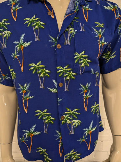 Hawaii overhemd korte mouw. Blauw Groen Bruine Palmbomen print. Maat M. #804