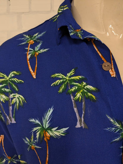 Hawaii overhemd korte mouw. Blauw Groen Bruine Palmbomen print. Maat M. #804