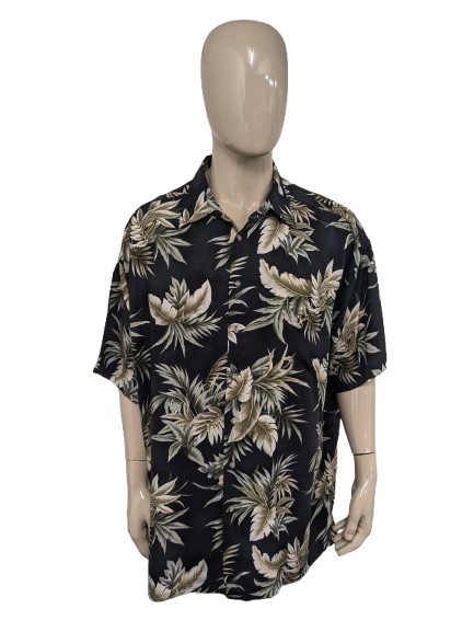 Pierre Cardin Hawaii overhemd korte mouw. Zwart Groen blad motief. Maat 4XL / XXXXL.