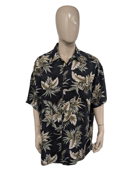 Pierre Cardin Hawaii overhemd korte mouw. Zwart Groen blad motief. Maat 4XL / XXXXL.
