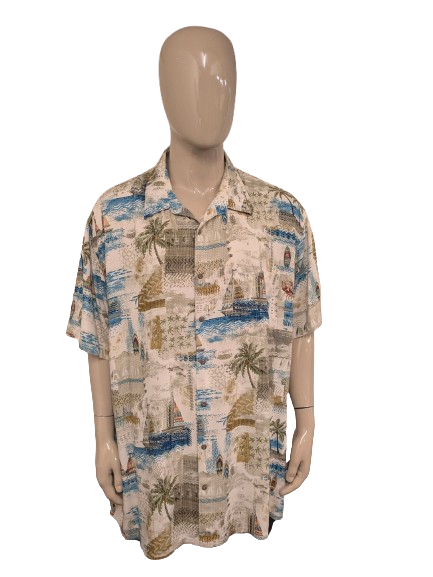 Foundry Hawaii overhemd korte mouw. Blauw Beige Groene print. Maat 5XL / XXXXXL.