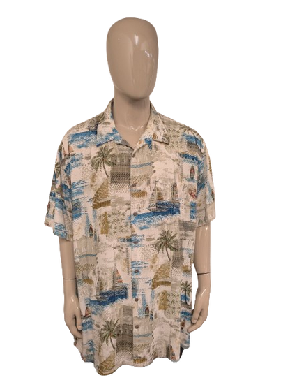 Foundry Hawaii overhemd korte mouw. Blauw Beige Groene print. Maat 5XL / XXXXXL.