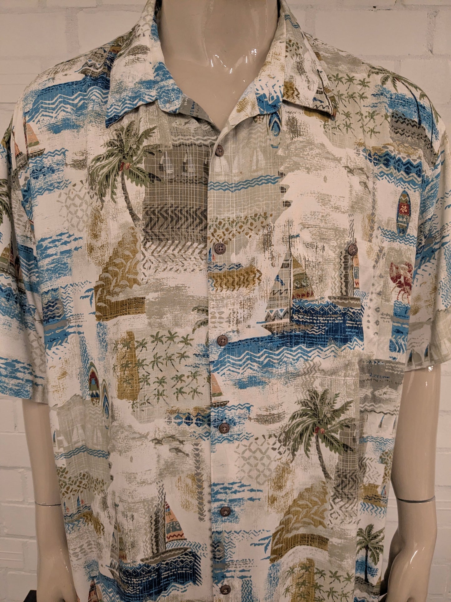 Foundry Hawaii overhemd korte mouw. Blauw Beige Groene print. Maat 5XL / XXXXXL.