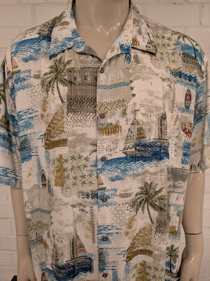 Foundry Hawaii overhemd korte mouw. Blauw Beige Groene print. Maat 5XL / XXXXXL.