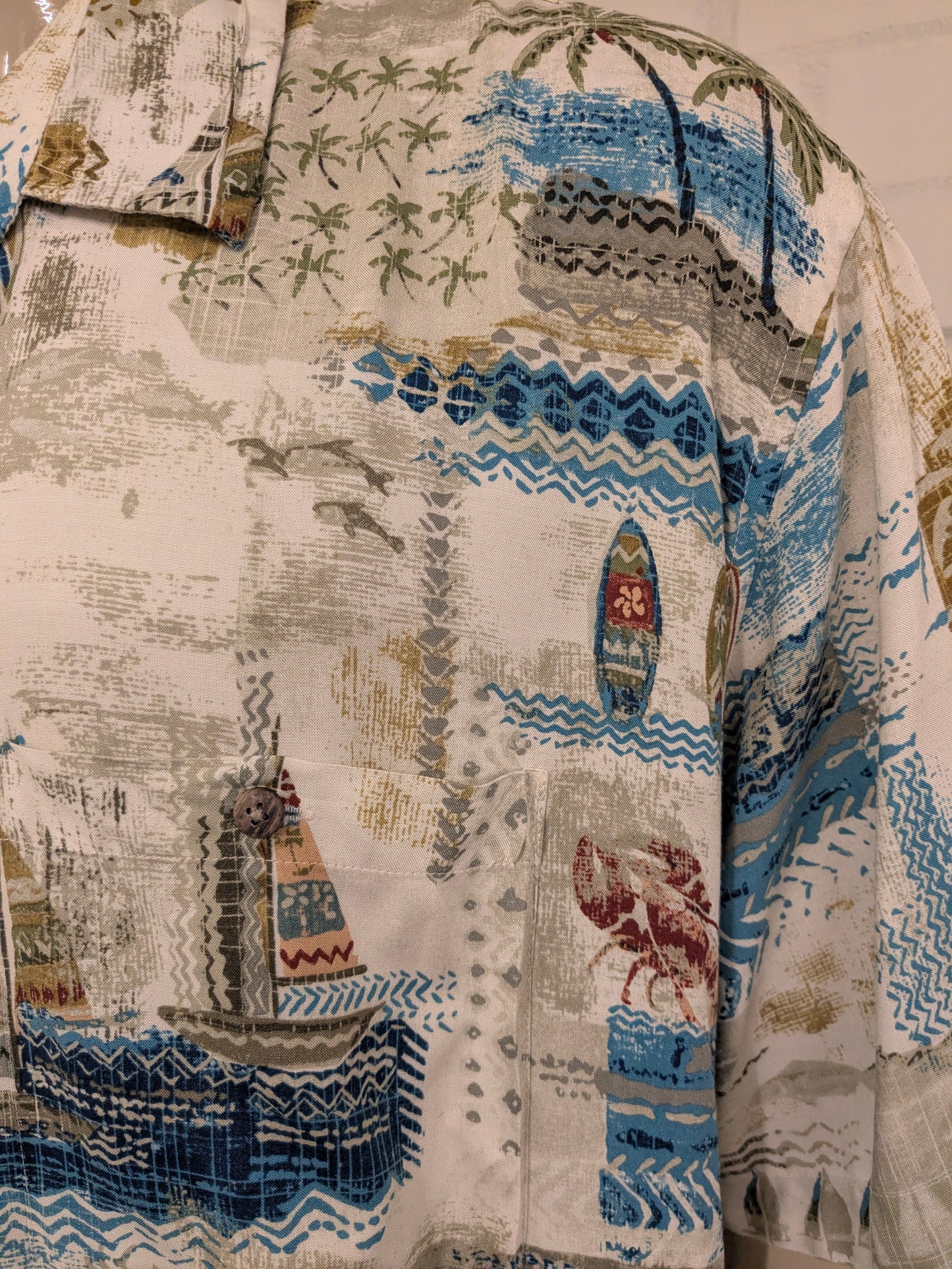 Foundry Hawaii overhemd korte mouw. Blauw Beige Groene print. Maat 5XL / XXXXXL.