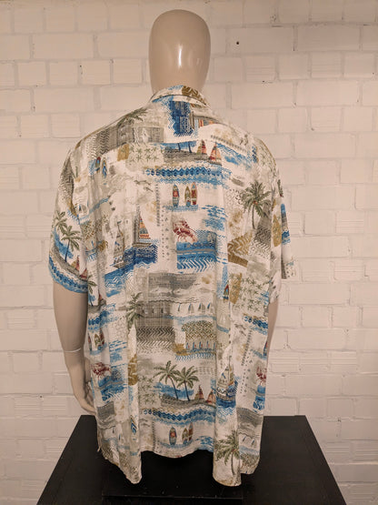 Foundry Hawaii overhemd korte mouw. Blauw Beige Groene print. Maat 5XL / XXXXXL.