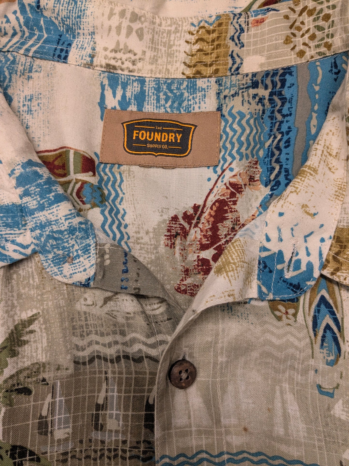 Foundry Hawaii overhemd korte mouw. Blauw Beige Groene print. Maat 5XL / XXXXXL.