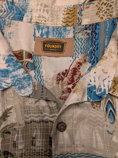 Foundry Hawaii overhemd korte mouw. Blauw Beige Groene print. Maat 5XL / XXXXXL.