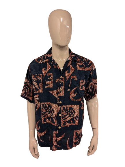 M.E.. Sport Hawaii-Shirt Kurzarm. Schwarzbrauner Druck. Größe XL.