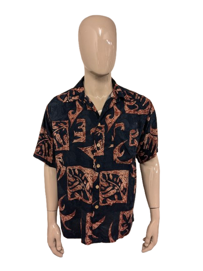 M.E.. Sport Hawaii overhemd korte mouw. Zwart Bruine print. Maat XL.