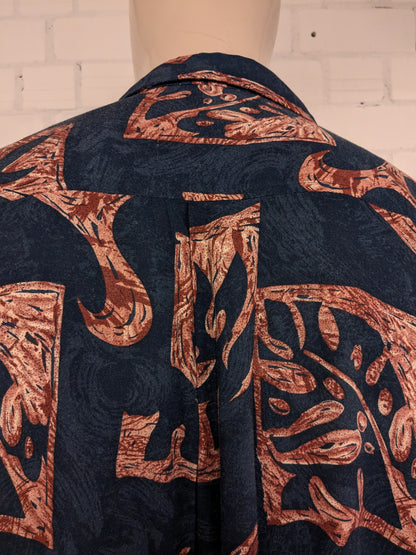 M.E.. Sport Hawaii overhemd korte mouw. Zwart Bruine print. Maat XL.