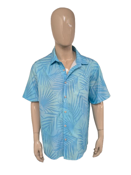 Aloha Daddy Hawaii-Shirt mit kurzen Ärmeln. Blaues Blattmotiv. Größe XL.