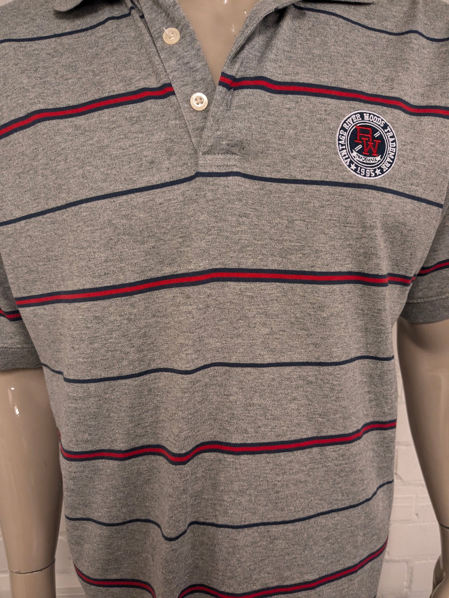 River Woods polo. Grijs Roos Blauw gestreept. Maat XL.