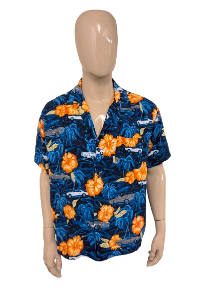 Pineapple Connection Hawaii-Shirt mit kurzen Ärmeln. Blau-Orange-Druck. Größe 2XL / XXL.