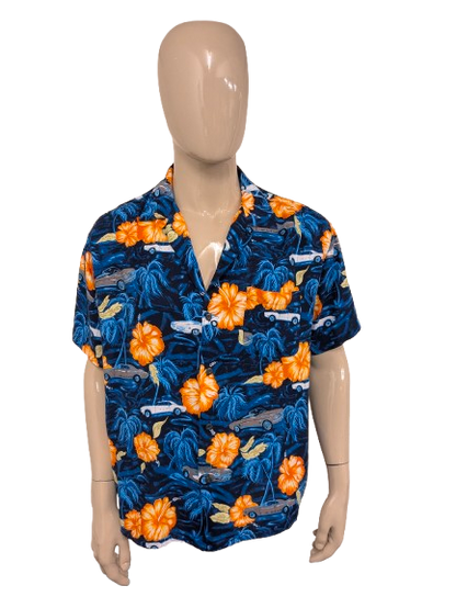 Pineapple Connection Hawaii overhemd korte mouw. Blauw Oranje print. Maat 2XL / XXL.