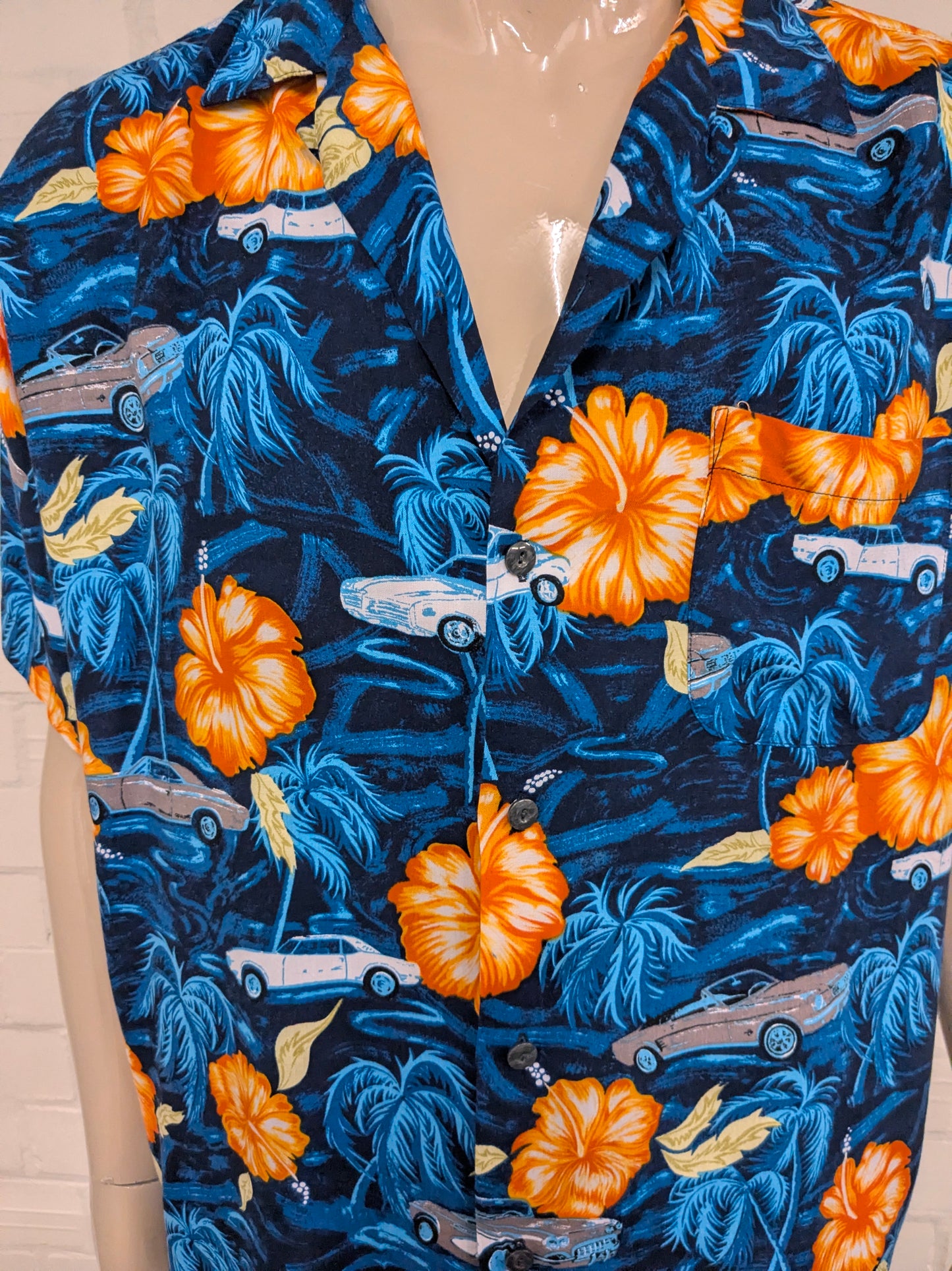 Pineapple Connection Hawaii overhemd korte mouw. Blauw Oranje print. Maat 2XL / XXL.