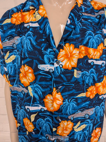 Pineapple Connection Hawaii overhemd korte mouw. Blauw Oranje print. Maat 2XL / XXL.