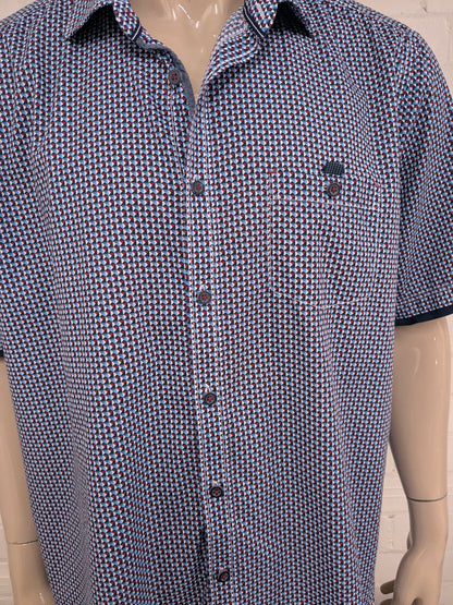 Casa Moda overhemd korte mouw. Blauw Rood Witte print. Maat 2XL / XXL. casual fit.