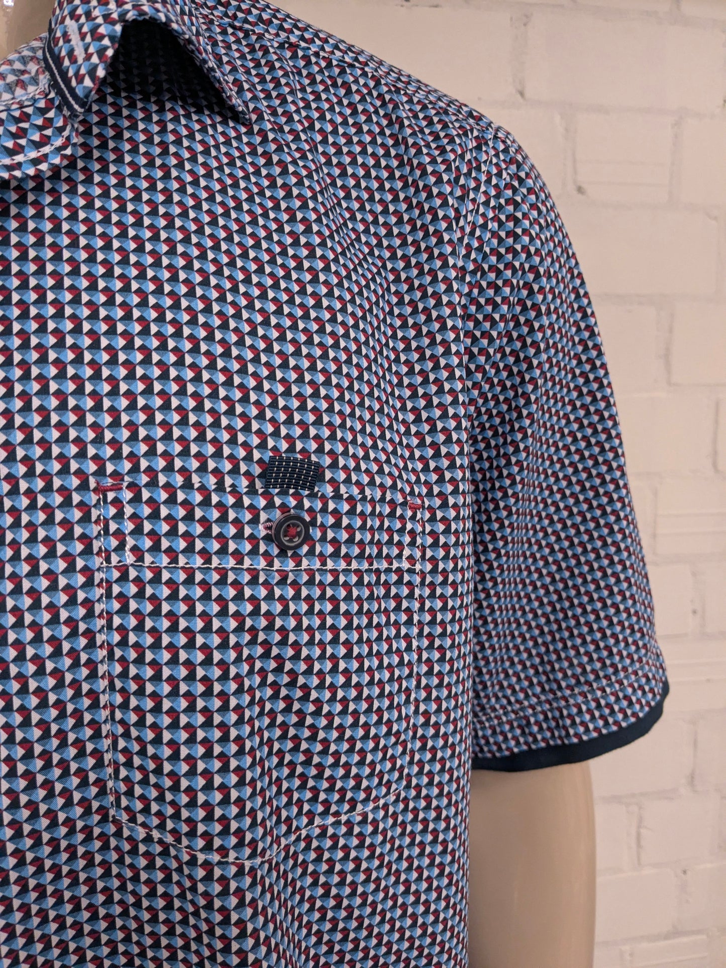 Casa Moda overhemd korte mouw. Blauw Rood Witte print. Maat 2XL / XXL. casual fit.