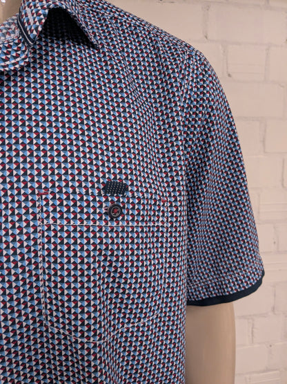 Casa Moda overhemd korte mouw. Blauw Rood Witte print. Maat 2XL / XXL. casual fit.