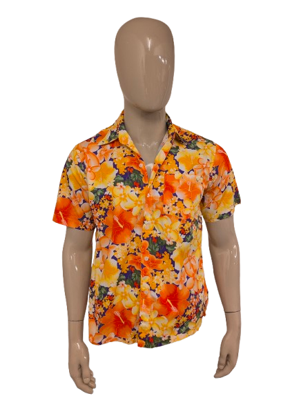 Vintage overhemd korte mouw. Oranje Geel Paars Rode Bloemen print. Maat L #805.