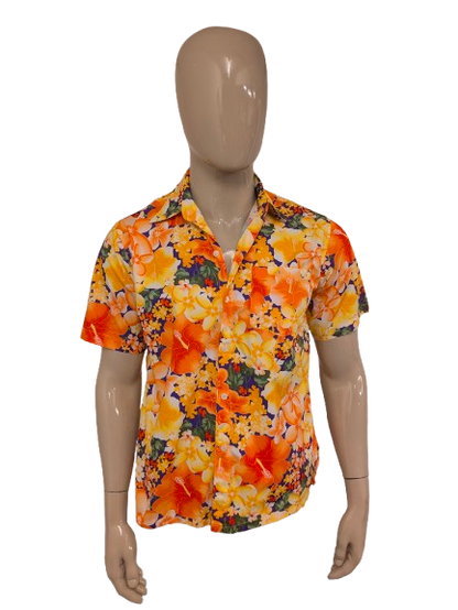 Vintage overhemd korte mouw. Oranje Geel Paars Rode Bloemen print. Maat L #805.