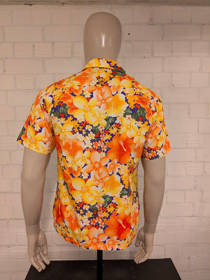 Vintage overhemd korte mouw. Oranje Geel Paars Rode Bloemen print. Maat L #805.