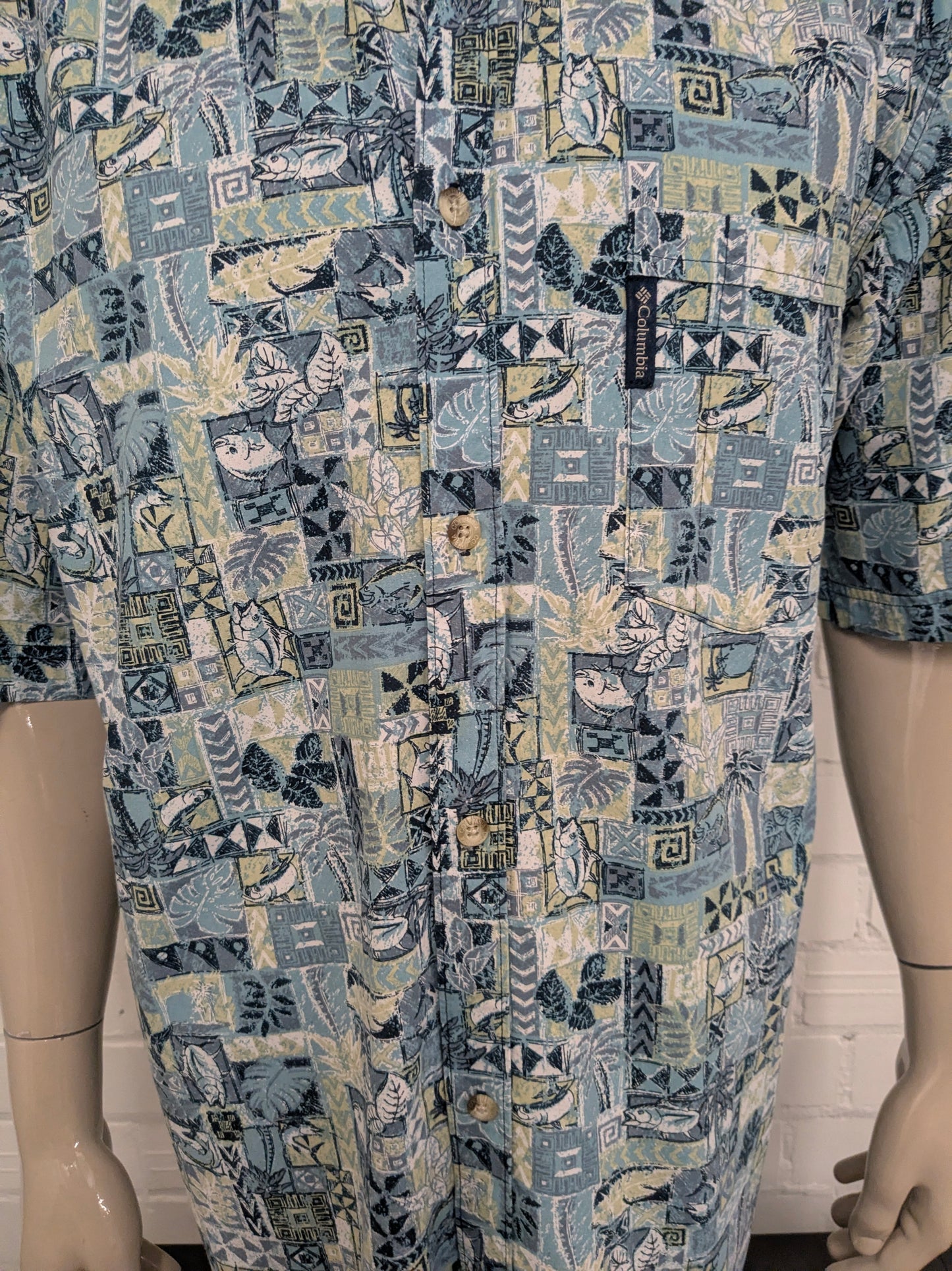 Columbia overhemd korte mouw. Blauw Groene Vissen print. Maat XL.