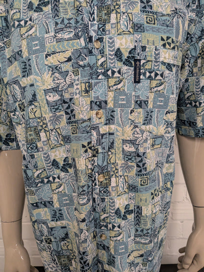 Columbia overhemd korte mouw. Blauw Groene Vissen print. Maat XL.