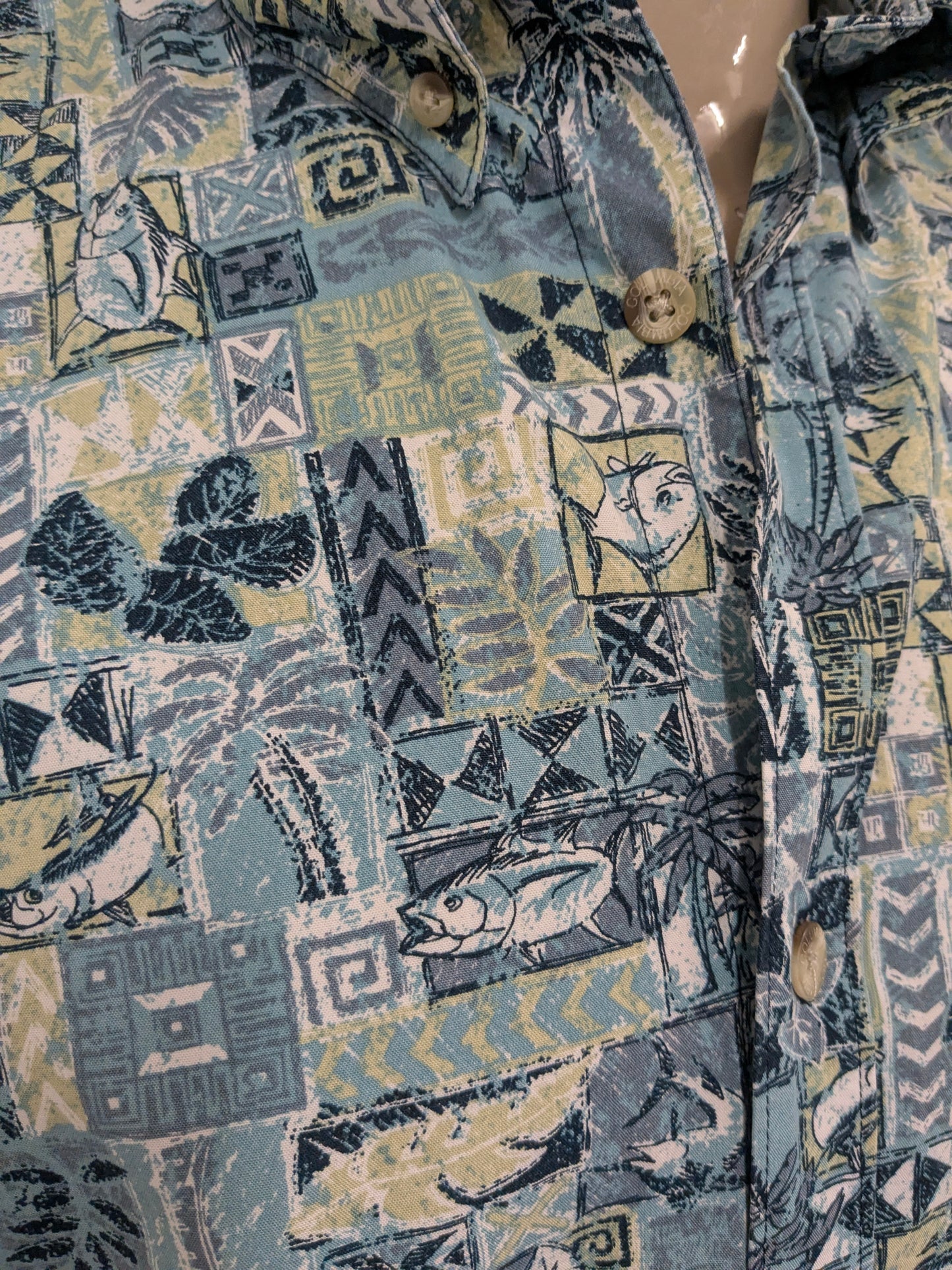 Columbia overhemd korte mouw. Blauw Groene Vissen print. Maat XL.