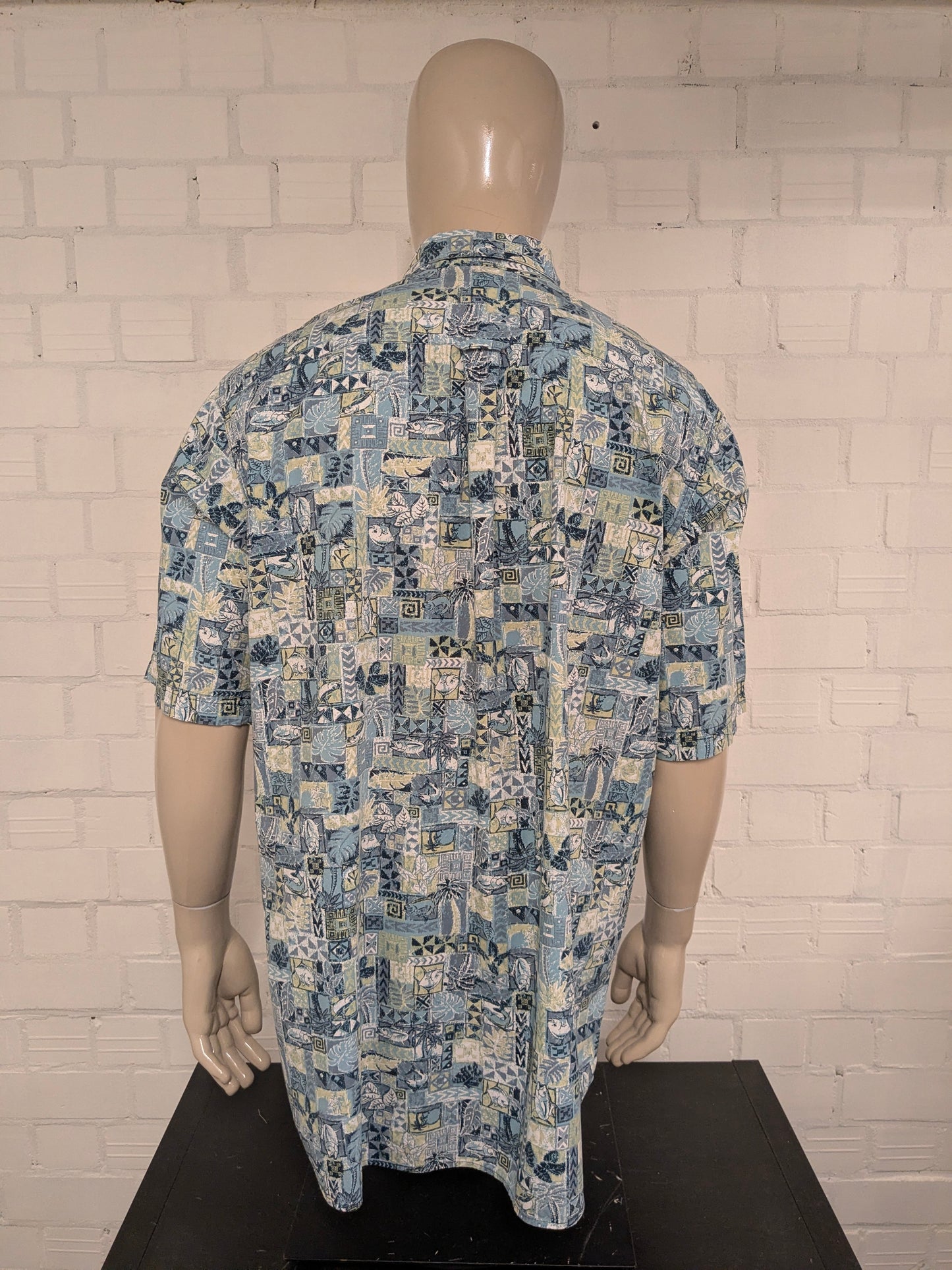 Columbia overhemd korte mouw. Blauw Groene Vissen print. Maat XL.